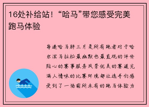 16处补给站！“哈马”带您感受完美跑马体验